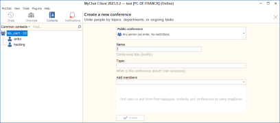 Donner un nom reconnaissable à votre conférence puis choisissez le contact qui correspond à votre binôme dans la liste des contacts, il est automatiquement ajouté dans la liste « Add members ». Cliquer alors sur le bouton Create.